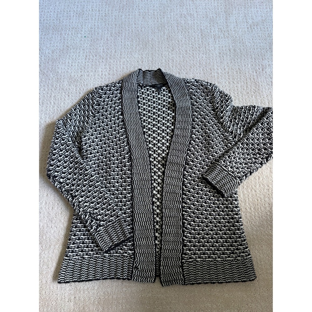 Talbots Cardigan Women P Black White Textured Knit Open Front Academia